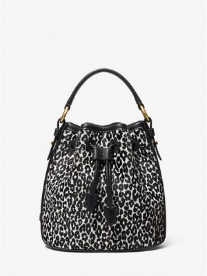 Dámské Bucket Bag Michael Kors Monogramme Small Leopard Print Calf Hair Černé Bílé | 087452-PEB