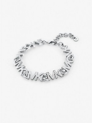 Dámské Náramek Michael Kors Platinum-plated Brass Pave Logo Chain Stříbrné | 471038-IMN